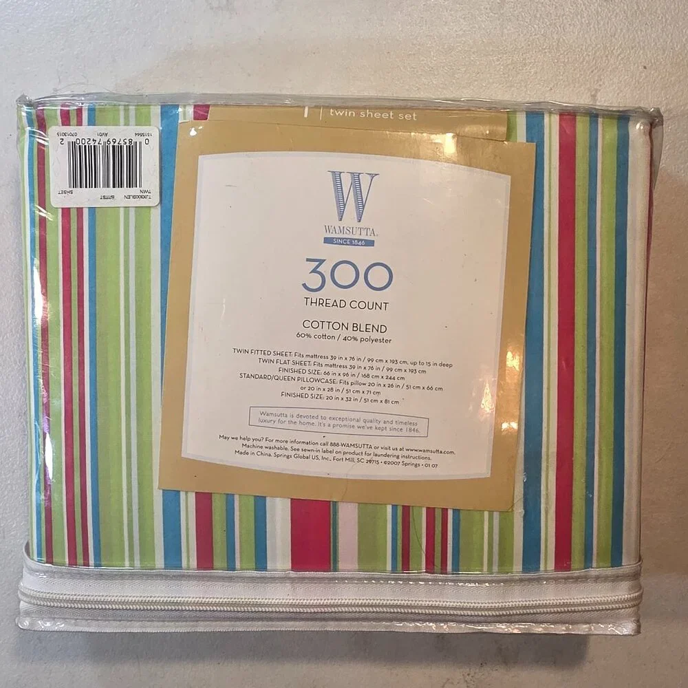 3 Piece 300 Count Twin Wamsutta Sheet Set 60/40 Striped Flat Fitted & Pillowcase